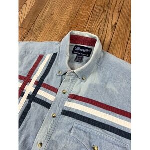 Vintage Wrangler Blue Denim Distressed Western Short Sleeve Shirt Men's Sz XL
